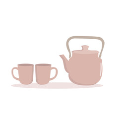 Pink teapot with two cups on a white background. Flat style.