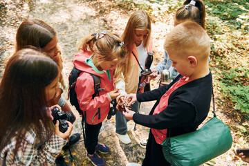 View from above. Kids in green forest at summer daytime together