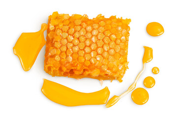 Honeycombs and honey puddle isolated on white background with clipping path and full depth of...