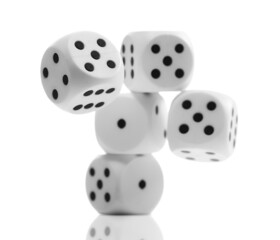 Playing dice for gambling and tabletop games, flying in air, poker isolated on white background, clipping path