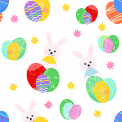 seamless cute patterns with decorative Easter eggs and a rabbit on a white background for printing on fabric or gift wrapping. Vector flat illustration
