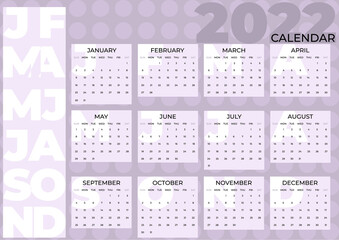 Calendar 2022. Monthly calendar with light lilac abstract background. Week starts on Sunday, vector illustration.