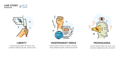 Set of illustrations icons propaganda, free media, protest, investigation