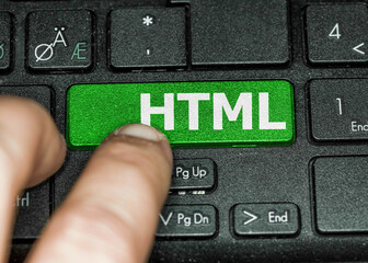 Finger on computer keyboard and key with html word Hyper Text Markup Language. 