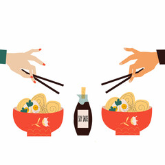 Vector illustration of Asian food rice noodle and human hands that hold chopsticks. Poster or menu for southeastern cuisine.