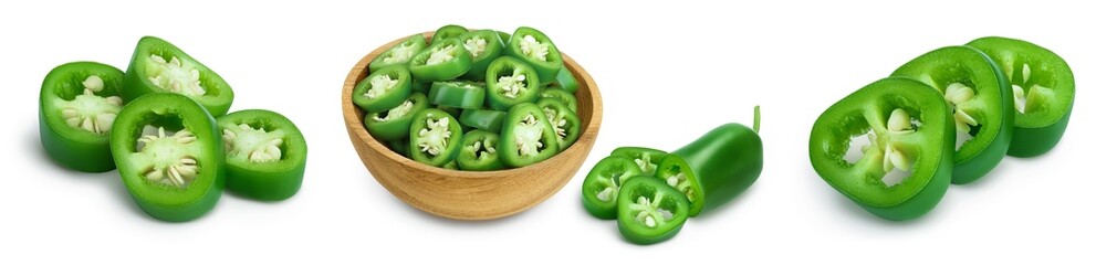 jalapeno peppers isolated on white background. Green chili pepper with clipping path and full depth of field. Set or collection