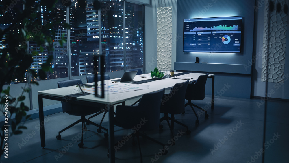 Aufkleber modern empty meeting room with big conference table with various documents and laptop on it. wall tv