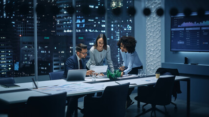 Office Conference Room Meeting: Diverse Team of Top Managers Talk, Discuss, Brainstorm, Use Laptop...