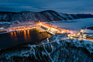 Winter landscape, view of the hydroelectric dam