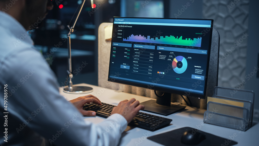 Poster Close Up of a Businessman Working on Desktop Computer with Company's Growth, Statistics, Graphs and Pie Charts. Male Executive Director Managing Digital Projects, Typing Data, Using Keyboard and Mouse