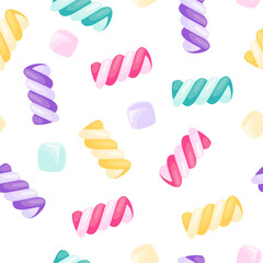 Marshmallows twists, seamless pattern with swirl candies with colored stripes. Vector cartoon background with spiral marshmallows, sweet pastel dessert