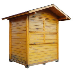 Wooden shed stall market stand or log cabin house isolated on white background. Object made of wood...