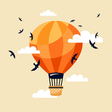 Flying travelling in simple flat style. Colorful baloon or airship. Transportation vector illustration.
