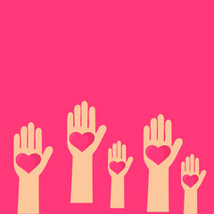 Volunteering illustration. Hands of different people raised up with hearts in their hands. Ilsolated graphic element. Vector.