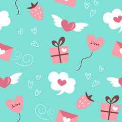 Valentine's day seamless pattern. Gift boxes, heart balloons, speech bubble, strawberry, love letter and doodle elements. Valentines day, love or wedding seamless background. Vector illustrations.