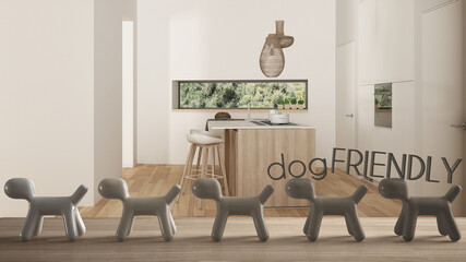 Wooden table top or shelf with line of stylized dogs, dog friendly concept, love for animals, animal dog proof home, modern white kitchen with island, cool interior design
