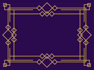 Frame in the style of art deco gold color on a purple background. Vintage linear border. Design a template for invitations, leaflets and greeting cards. Style of the 1920s - 1930s. Vector illustration