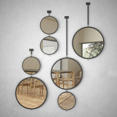 Fototapeta na wymiar Round mirrors hanging on the wall reflecting interior design scene, minimalist white and wooden dining room, modern architecture concept idea