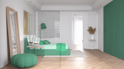 Modern bright minimalist bedroom in turquoise tones, double bed with pillows and blankets, parquet, bedside tables with lamps, door over bathroom, carpet and decors, interior design