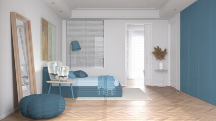 Modern bright minimalist bedroom in blue tones, double bed with pillows and blankets, parquet, bedside tables with lamps and door over bathroom, carpet, decors, interior design idea