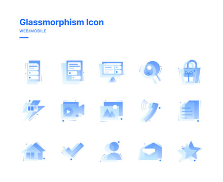 Icons set in glassmorphism style. Mobile, Tablet, Desktop, Search, Zoom, Cart, Gift, Present, Battery, Power, Video, Photo, Image, Call, Phone, Document, House, Home, Check, User, Vector Illustration