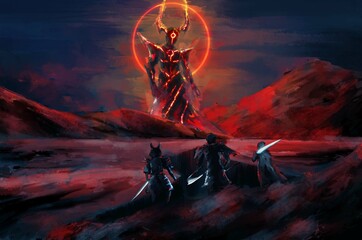 threes warrior standing confront demon,tale monster,creatures of myth and Legend, god ,digital art, Illustration painting. © Wachirawit