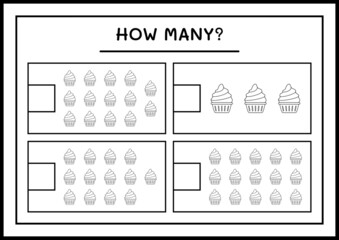 How many Cup Cake, game for children. Vector illustration, printable worksheet
