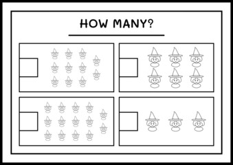 How many Witch, game for children. Vector illustration, printable worksheet