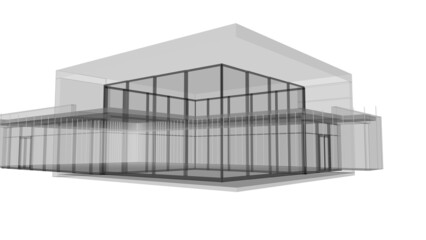 Modern flat roof house or commercial building in  drawing style. Minimalist black linear sketch isolated on white background. 3d rendering