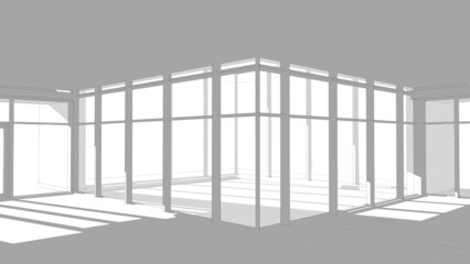 Modern flat roof house or commercial building in  drawing style. Minimalist black linear sketch isolated on white background. 3d rendering