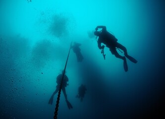 Scuba divers near anchor line in deep water, San Clemente Island, California, USA
