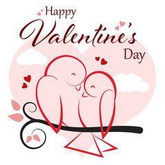 Happy Valentines Day. Two bird couple. Cute cartoon kawaii funny baby character. Pink hearts. Love Greeting card. Sticker print. Flat design. Isolated vector illustration. Valentine's Background.