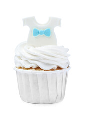Beautifully decorated baby shower cupcake for boy with cream and topper on white background