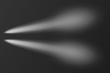 Fototapeta White transparent car headlight top view on night background. Vector shine beam on dark road. Glow effect of LED auto spotlight. Bright vehicle light in nighttime template obraz