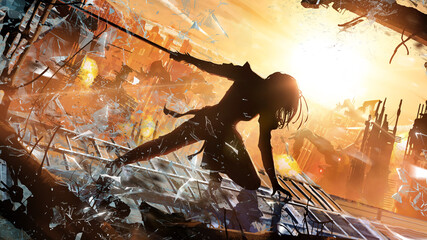 A warrior girl in an epic pose was thrown against a glass building, she was injured, surrounded by thousands of glass fragments, against the backdrop of a crumbling city in the rays of sunset. 2d art - 479793982