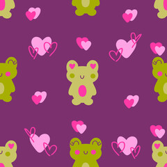Fototapeta na wymiar Romantic valentine seamless pattern with frogs and hearts. Perfect for T-shirt, fabric, textile and print. Hand drawn vector illustration for decor and design. 