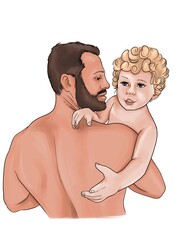 A small child in the arms of his father. A man holds a baby. A girl or a boy with light curly hair.  Illustration or print for Father's Day
