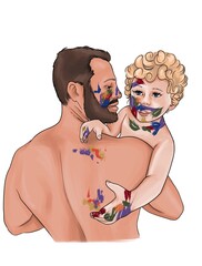 A small child in the arms of his father. A man holds a baby. A girl or a boy with light curly hair. Father and child with paint on their faces. Illustration or print for Father's Day