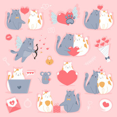 Set of Valentine's Day. Couple cats in love. Hearts, bouquet, mouse, gift and other cute items. Vector illustrations for valentine's day concept, greeting cards, stickers etc.