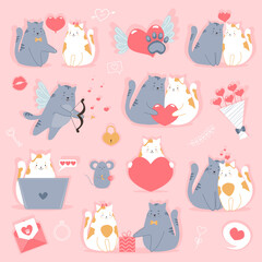 Set of Valentine's Day. Couple cats in love. Hearts, bouquet, mouse, gift and other cute items. Vector illustrations for valentine's day concept, greeting cards, stickers etc.