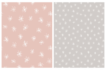 Cute Geometric Vector Patterns with Irregular Hand Drawn Flowers Isolated on a Blush Pink and Warm Gray Background. Simple Abstract Floral Print ideal for Fabric, Textile.