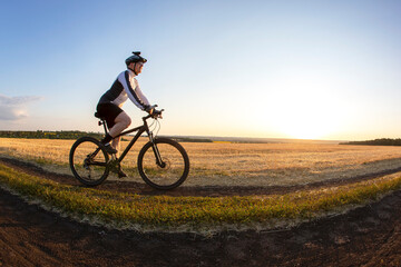 Fototapeta premium The cyclist rides a bike on the road near the field against the backdrop of the setting sun. Outdoor sports. Healthy lifestyle.