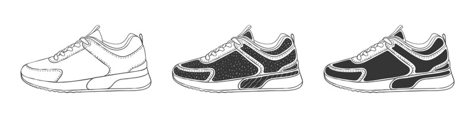 Set of sneakers. Men's or women's sneakers. Modern sneakers. Hand-drawn sneakers. Vector image