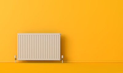 White heating radiator against a bright yellow wall. 3D Rendering