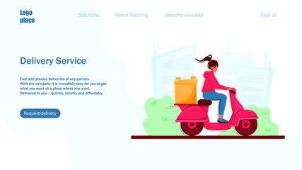 Landing page template for online delivery service with illustration of courier and parcel. Concept of template suitable for web page, banner, ui, mobile app, Vector Illustration