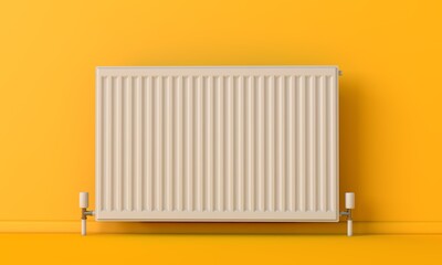 Fototapeta White heating radiator against a bright yellow wall. 3D Rendering obraz