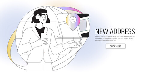 We have moved to new office location or adress. Change location website announcement business home map pin sign concept for landing page, template, ui, web, mobile app, poster, banner.