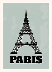 Paris A4 poster in retro, vintage style. Famous French landmark, Eiffel tower, textures and text. Vector illustration.