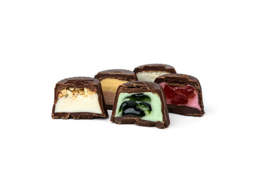 Collection of assortment of chocolate candies isolated on white background.