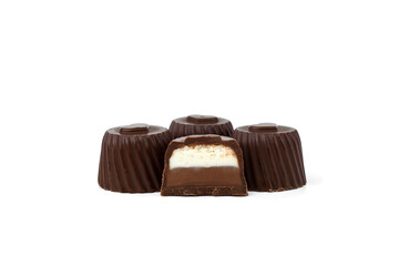 Double layer filled chocolate candies praline isolated on white background.